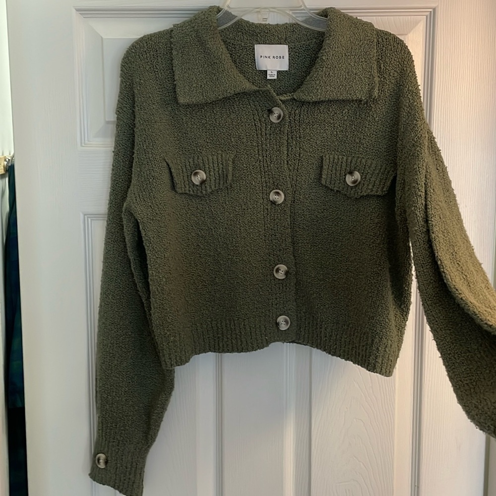 Green button front cropped cardigan Pink Rose L